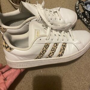 Adidas White and Brown Athletic Shoes with Metallic Details